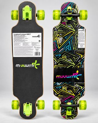 a close up of two skateboards with neons on them