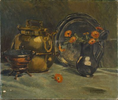 une image représentant une peinture d'une théière et d'un bol contenant des fleurs
