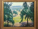 an oil painting of a landscape with trees and hills in the background