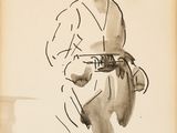an old drawing of a man in a hat with a cane