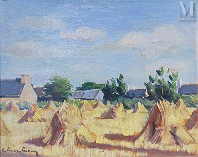un tableau représentant un champ de foin avec une grange en arrière-plan