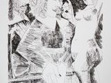 dessin représentant un homme et une femme assis sur un banc