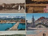 six postcards of old postcards of a city and a river