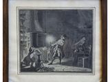 a drawing of a man and woman in a kitchen with a dog