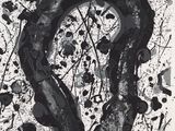 black and white abstract painting of a snake in the middle of paint splatters