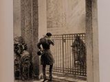 an old picture of a man standing in front of a gate