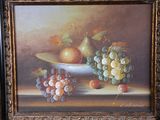 a painting of a bowl of fruit on a table