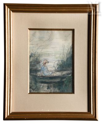 tableau représentant une femme assise dans un bateau sur l'eau