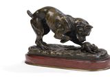 une image représentant une statue en bronze d'un chien posée sur un socle en bois