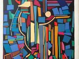 peinture abstraite représentant un pichet et une corbeille de fruits posés sur une table