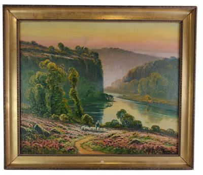 une peinture à l'huile représentant un paysage avec une rivière au premier plan