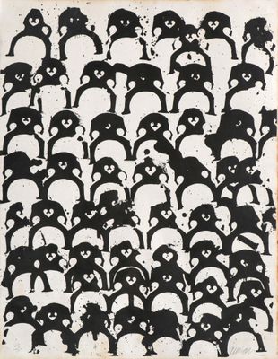 un dessin en noir et blanc représentant un groupe de pandas