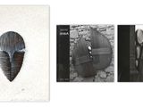 three black and white photographs of a wooden mask on a wall