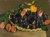 a painting of a basket of fruit on a table