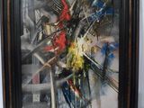 reproduction d'un tableau représentant un oiseau rouge et bleu dans un cadre noir sur fond blanc