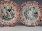 three red and white plates with pictures of people on them