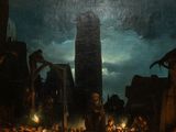 an image of a painting of a group of people in front of a tall building