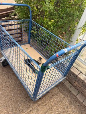 a blue shopping cart sitting on the ground next to a bush