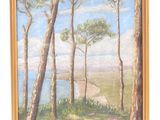 painting of a landscape with trees and a lake in the distance