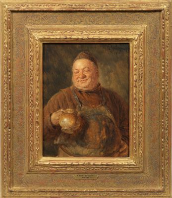 an old painting of a man holding an apple in his hand