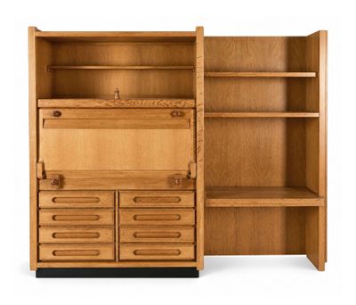 an image of a wooden bookcase with drawers and shelves