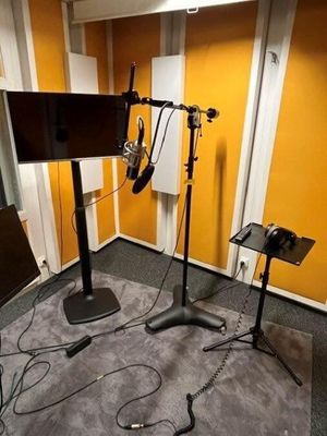 two microphones and a monitor in a recording studio