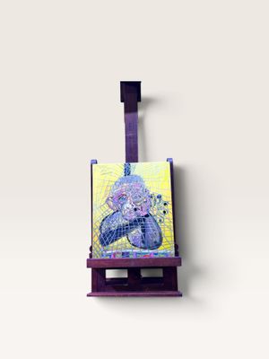 peinture sur chevalet représentant une femme en robe violette sur fond jaune