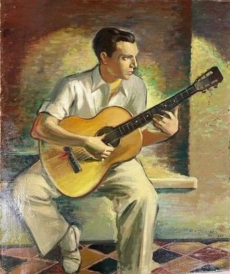 painting of a man sitting on a bench playing a guitar