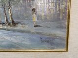 a painting of a woman walking in the snow with an umbrella
