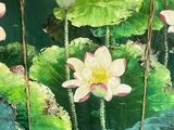 a painting of a group of lotus flowers in a pond