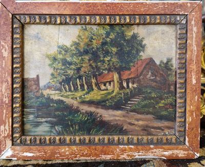 une vieille photo représentant une peinture d'une maison au bord d'une rivière
