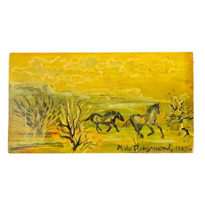 une photo d'un tableau représentant des chevaux galopant dans un champ