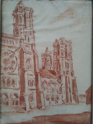 dessin représentant une église avec une tour horloge au centre