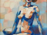 an oil painting of a woman sitting on the ground with her legs crossed
