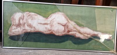 un tableau représentant une femme nue allongée sur une surface verte