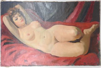a painting of a nude woman laying on a red blanket