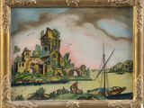 une image d'une photo d'un tableau représentant un château au bord de l'eau