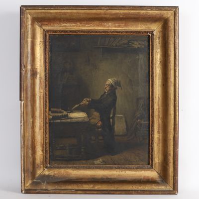 a painting of an old woman sitting at a table with a book