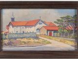 une peinture à l'huile représentant une église au toit rouge et au clocher