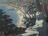 a painting of a view of a beach from a balcony