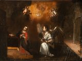 an image of a painting of a woman kneeling in front of angels