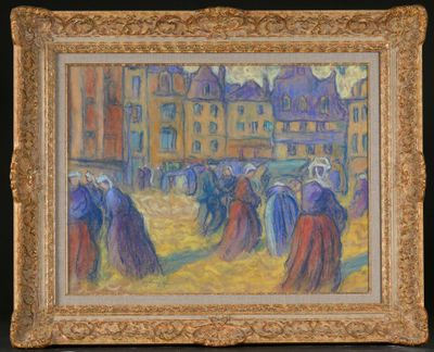 an oil painting of a group of people walking down a street