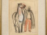 tableau représentant un homme debout à côté d'un cheval, dans un cadre doré