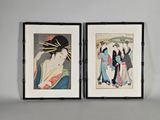 deux reproductions encadrées représentant une femme avec un parapluie et un homme avec un parapluie