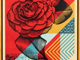 a stamp with a rose on it and a red background