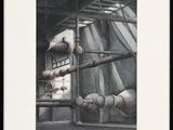 painting of pipes and pipes in a building with a window