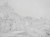 pencil drawing of a view of a town with a church in the background