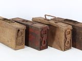 several pieces of luggage are lined up in a row on a white surface