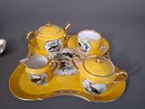 a tray that has a tea set on it