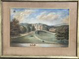 tableau représentant un château au loin, avec des personnes sur un bateau au premier plan
